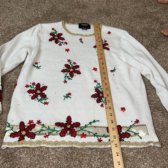 Vintage White Christmas Sweater 90s Beaded Xmas Poinsettia Embroidered Jumper LG - Picture 5 of 7